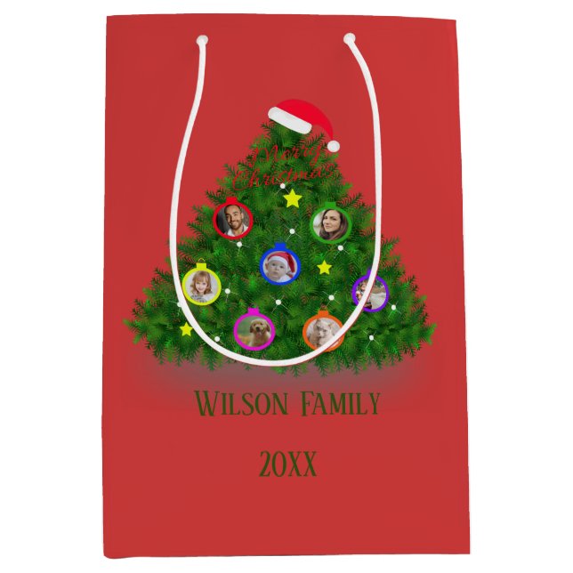Sacola Para Presentes Média Árvore de Natal com fotos da família (Frente)