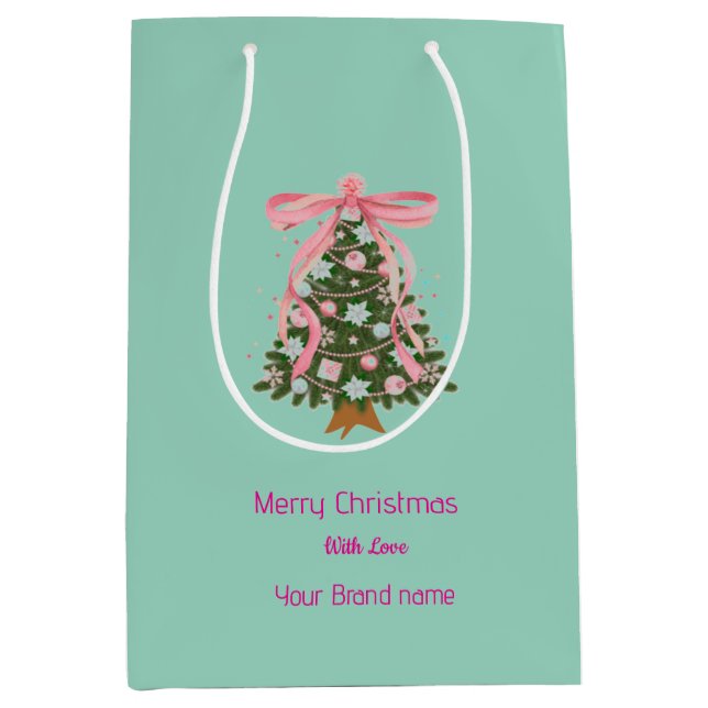 Sacola Para Presentes Média Árvore de Natal com laço rosa Nome comercial (Frente)