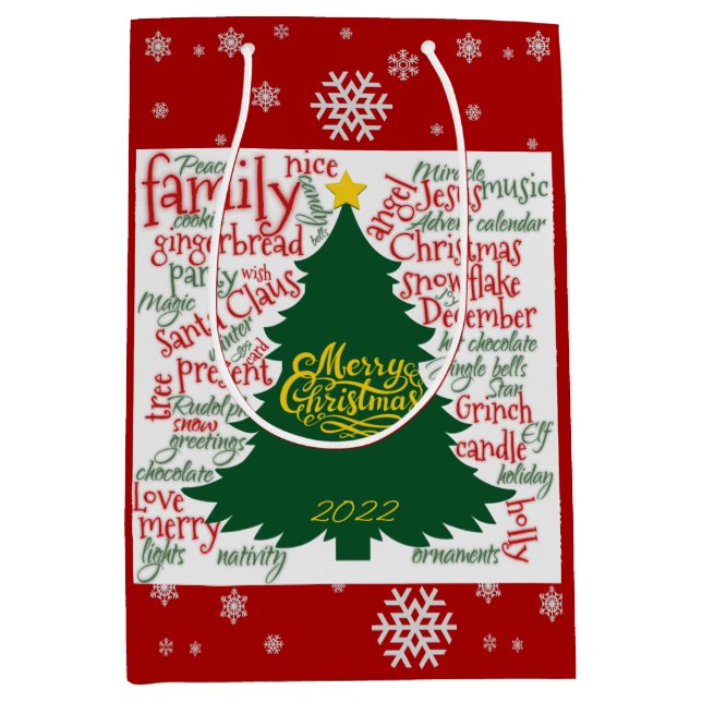 Sacola Para Presentes Média Árvore de Natal com palavras de Natal (Frente)