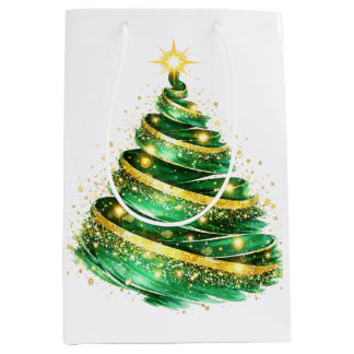 Sacola Para Presentes Média Árvore de Natal com Redemoinho de Ouro Verde Esmer