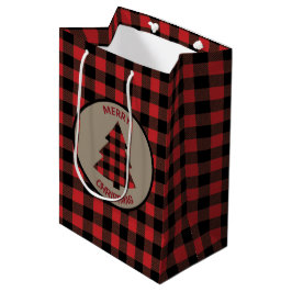 Sacola Para Presentes Média Árvore de Natal da Xadrez de Buffalo Vermelha