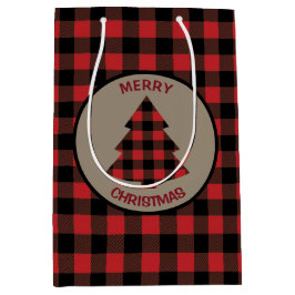 Sacola Para Presentes Média Árvore de Natal da Xadrez de Buffalo Vermelha