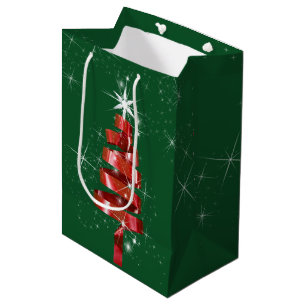 Sacola Para Presentes Média Árvore de Natal de Fita Vermelha Espontada