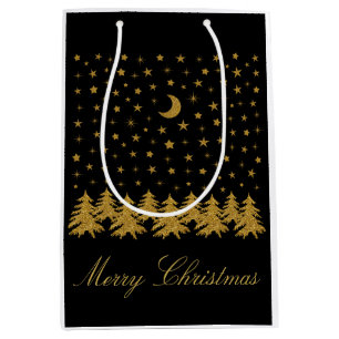 Sacola Para Presentes Média Árvore de Natal de ouro faísca, lua, estrelas em p