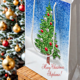 Sacola Para Presentes Média Árvore de Natal decorada na neve com texto persona