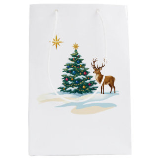 Sacola Para Presentes Média Árvore de Natal e Rena na Neve