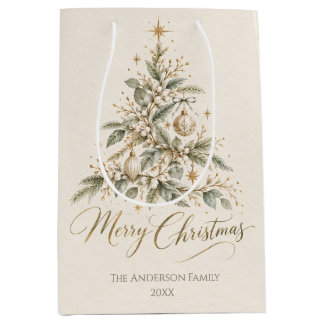 Sacola Para Presentes Média Árvore de Natal em Aquarela Elegante Personalizada