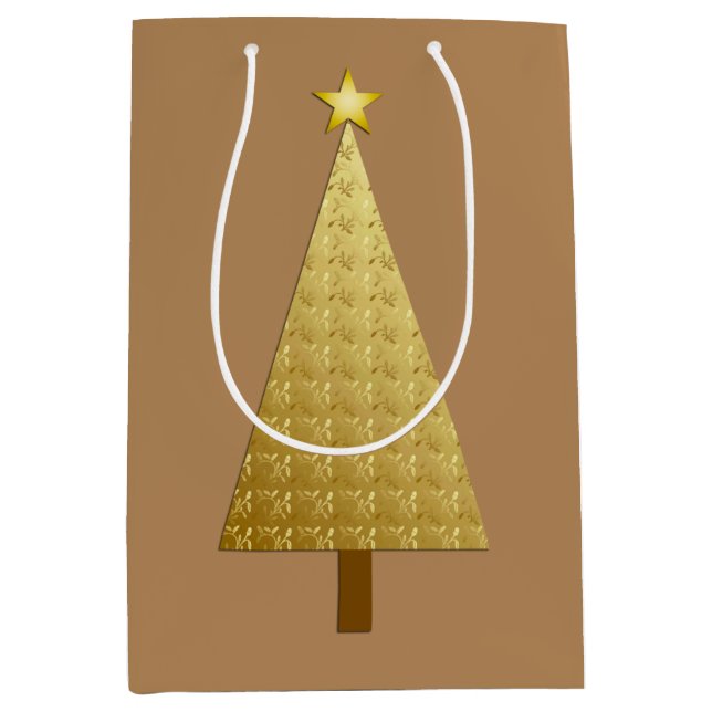 Sacola Para Presentes Média Árvore de Natal moderna de folha de ouro (Frente)