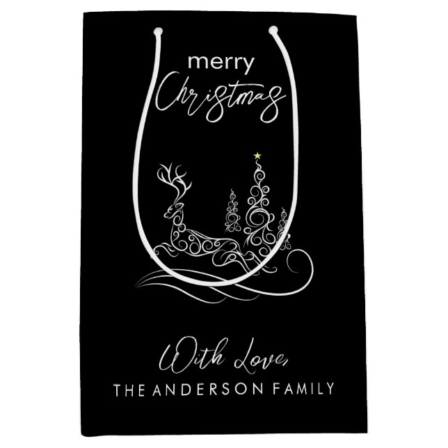 Sacola Para Presentes Média Árvore de Natal Moderna e Elegante e Reindeer (Frente)