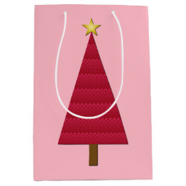 Sacola Para Presentes Média Árvore de Natal moderna em damasco vermelho profun