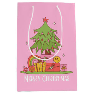 Sacola Para Presentes Média Árvore de Natal Retro Rosa