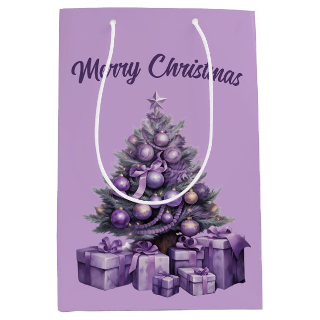 Sacola Para Presentes Média Árvore de Natal roxa e feliz (Frente)