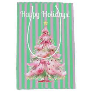 Sacola Para Presentes Média Árvore de Natal Vintage Mint Green Pink Strike