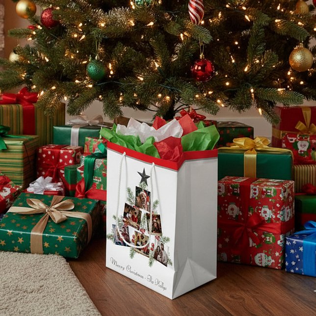 Sacola Para Presentes Média Árvore personalizada de fotos de Natal (Criador carregado)