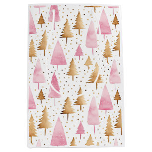 Sacola Para Presentes Média Árvore Rosa Dourada Feliz de Natal