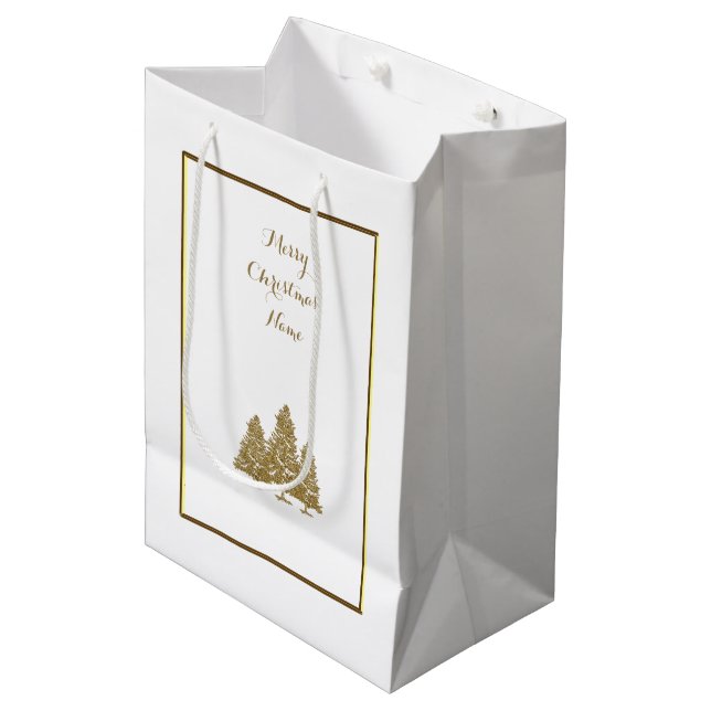 Sacola Para Presentes Média Árvores de Natal Douradas  (Frente inclinada)