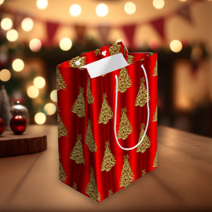 Sacola Para Presentes Média Árvores de Natal Douradas Festivas em Vermelho