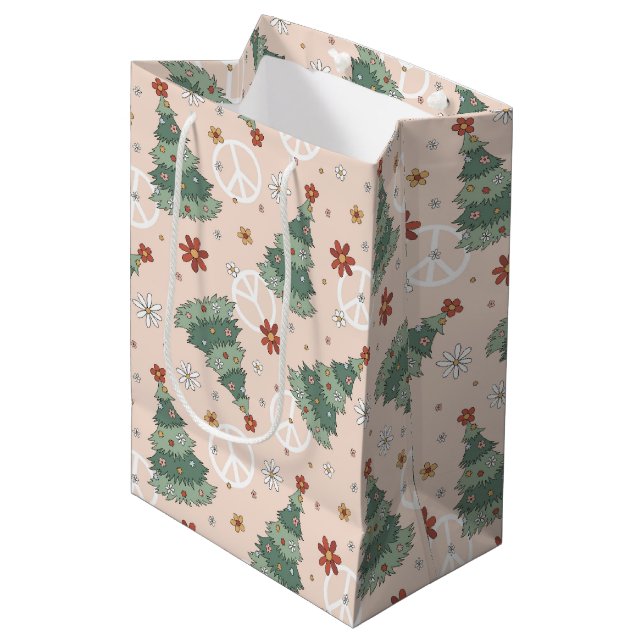 Sacola Para Presentes Média Árvores de Natal e Sinais de Paz (Frente inclinada)