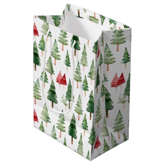 Sacola Para Presentes Média Árvores de Natal Verdes Vermelhas (Frente inclinada)