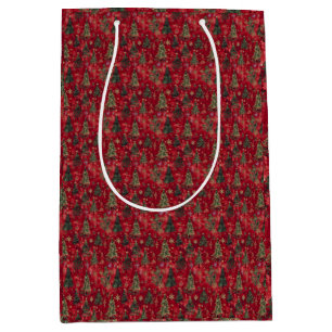 Sacola Para Presentes Média Árvores de Natal Vermelhas Festivas com Flocos de