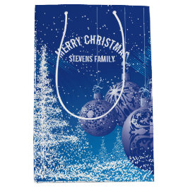 Sacola Para Presentes Média Árvores e ornamentos de Natal Azuis E Brancos