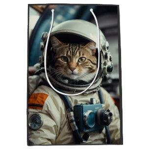 Sacola Para Presentes Média Astronauta de Gato cinza no Espaço Exterior