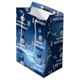 Sacola Para Presentes Média Astronauta no Espaço Galáxia Tema Nome de Aniversá