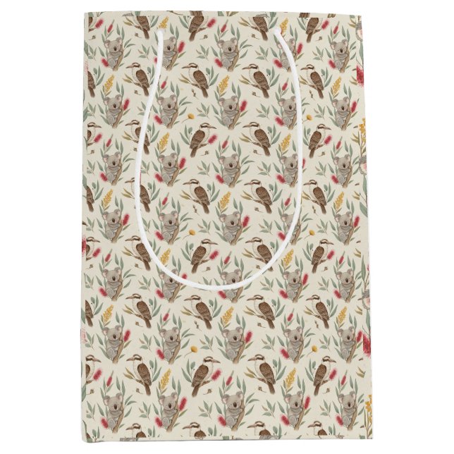 Sacola Para Presentes Média Australian Koalas, Kookaburras and Native Flora (Frente)