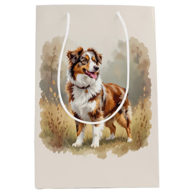 Sacola Para Presentes Média Australian Shepherd Dog Red Merle Aussie (Frente)