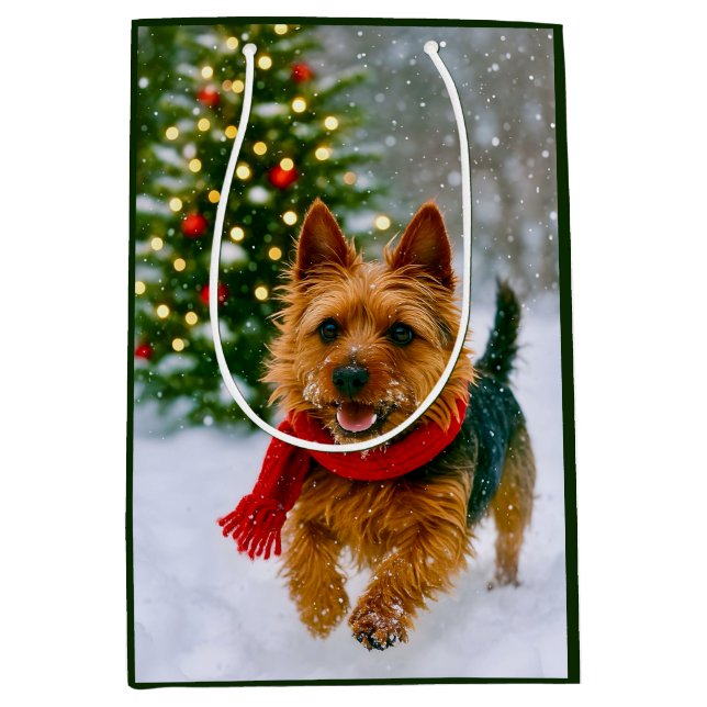 Sacola Para Presentes Média Australian Terrier Holiday  (Frente)