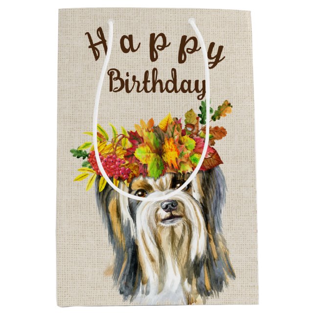 Sacola Para Presentes Média Autumn Yorkshire Terrier Birthday (Frente)