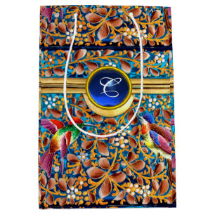 SACOLA PARA PRESENTES MÉDIA AVES COLORIDAS E PADRÕES FLORAIS MONOGRAMAS GEM AZ