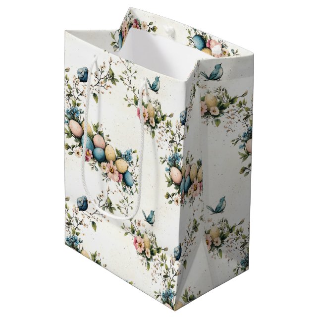 Sacola Para Presentes Média Aves de Páscoa Aquáticas e Primavera Floral (Frente inclinada)