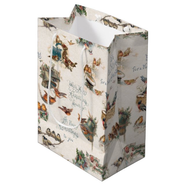 Sacola Para Presentes Média Aves e Cartões de natal de neve de safra (Frente inclinada)