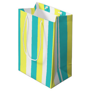 Sacola Para Presentes Média Azul-aqua, amarelo-limão e riscas brancas