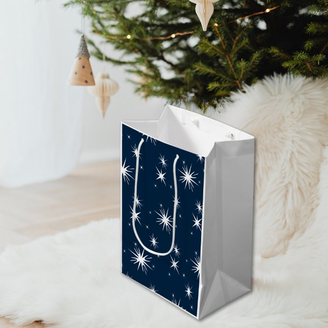 Sacola Para Presentes Média Azul Branco Azul Azul Azul Céu Estrelado (Dazzling White Blue Christmas Starry Sky Medium Gift Bag)