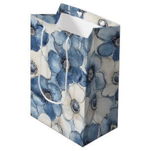 Sacola Para Presentes Média Azul Branco Denim Flores Aniversário