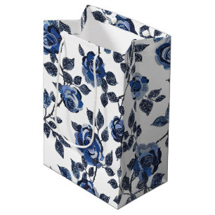 Sacola Para Presentes Média Azul Branco Folhas Florais Aniversário