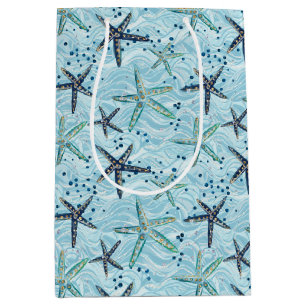 Sacola Para Presentes Média Azul-claro e Starfish Dourado no padrão das ondas 