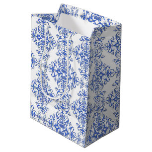 Sacola Para Presentes Média Azul Cobalto e Branco Padrão Estilo Damasco Floral