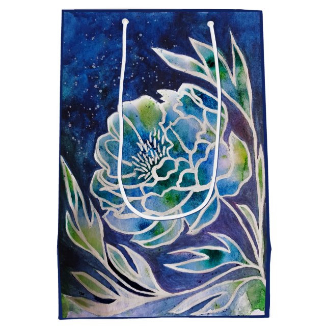 Sacola Para Presentes Média Azul Dahlia Marinho artesanal Floral Aquarela (Verso)