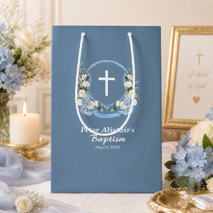 Sacola Para Presentes Média Azul Desbotado Cruz Branca Floral Brasão Batismo
