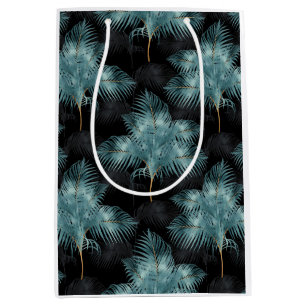 Sacola Para Presentes Média Azul-Dourado-metálico tropical e folhas de palma
