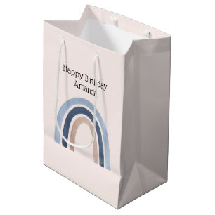 Sacola Para Presentes Média Azul e Pêssego Arco-Íris Boho Design Aniversário
