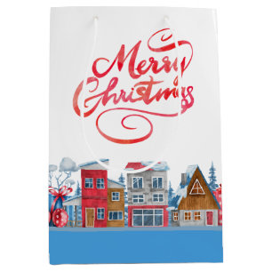 Sacola Para Presentes Média Azul e Vermelho inverno Wonderland Cabina e neve