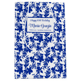 Sacola Para Presentes Média Azul Elegante Floral Branco 65º Aniversário