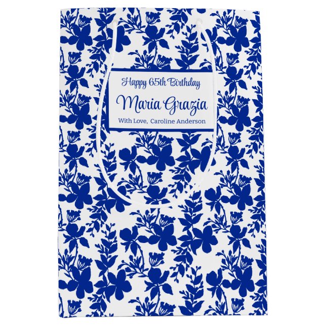 Sacola Para Presentes Média Azul Elegante Floral Branco 65º Aniversário (Frente)