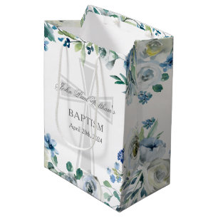 Sacola Para Presentes Média Azul Floral Festa de Batismo Cruz Cristã Personali