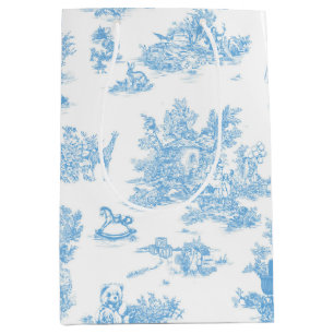Sacola Para Presentes Média Azul Francês Branco Toile de Jouy Urso Chá de Bebê