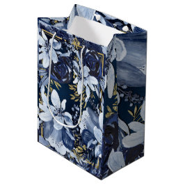 Sacola Para Presentes Média Azul Marinho e Dourado Floral Aquarelado Elegante